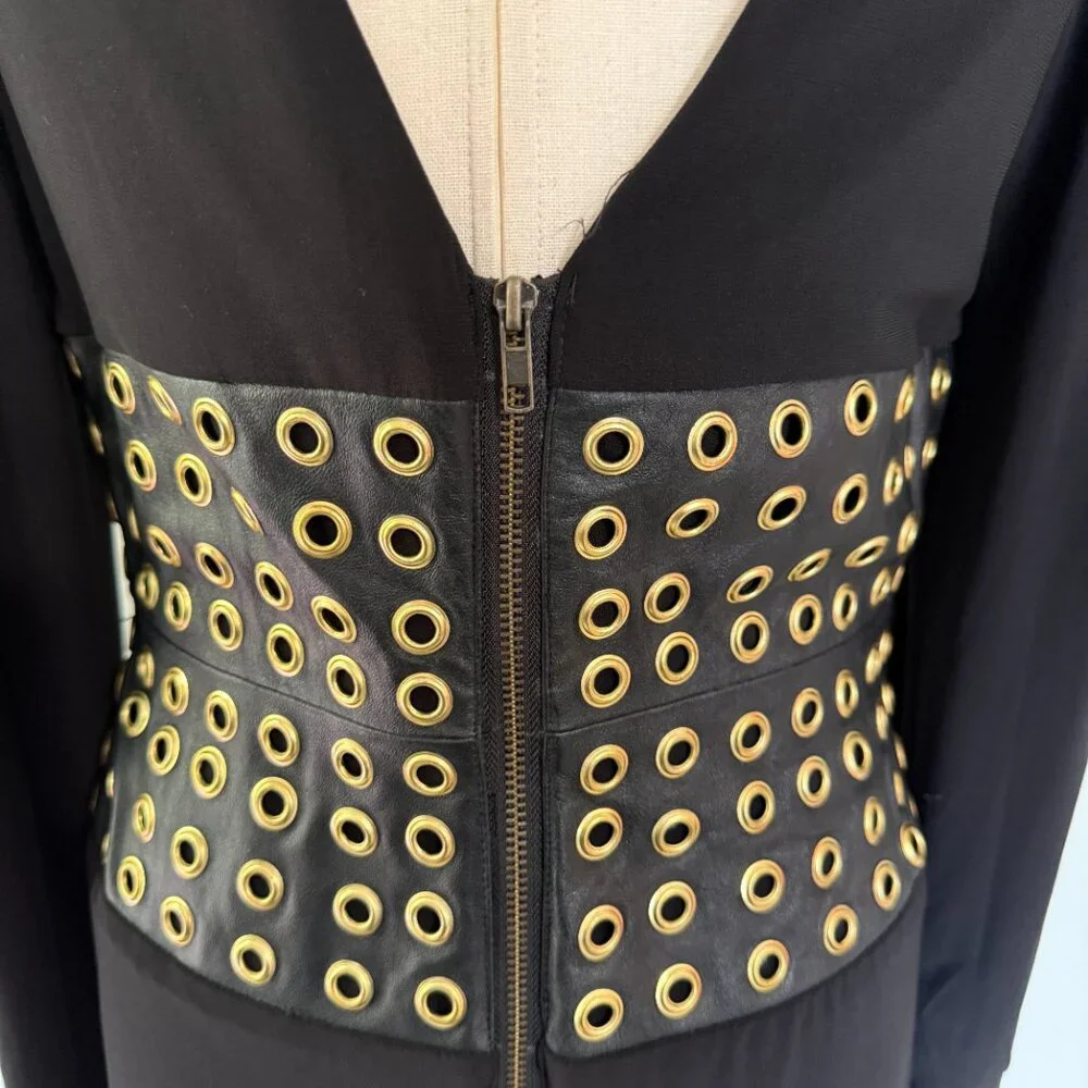 Jovani Faux Leather Long Sleeve Low Back Black Dress Size 10 Cocktail Mini Sexy - Picture 11 of 12